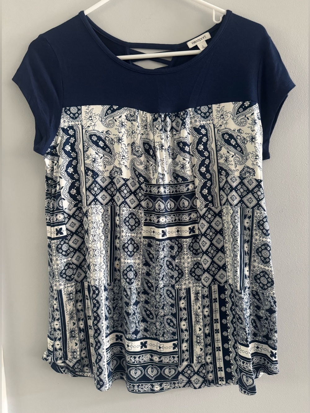 Westport Navy Cream Print Top S Criss Cross Back